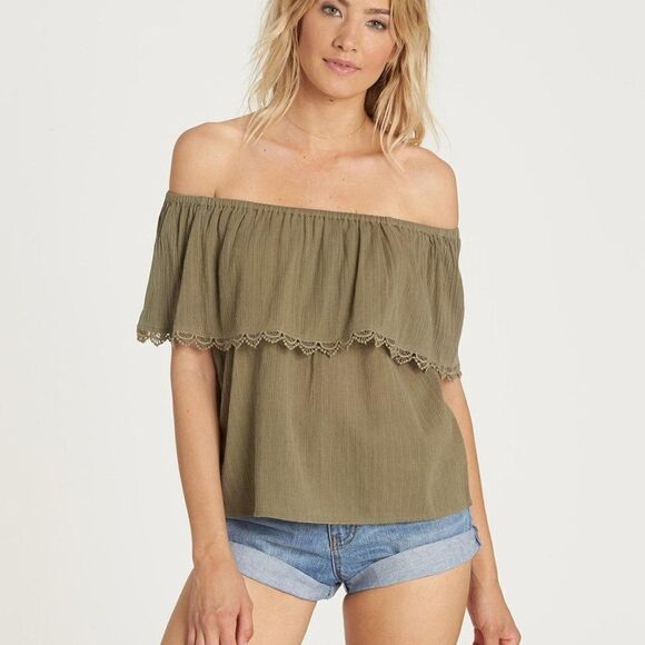 Billabong Spring Fling Off Shoulder Top size Medium in Olive Green - Picture 1 of 12